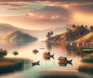 Serene lake at sunset with boats and hills