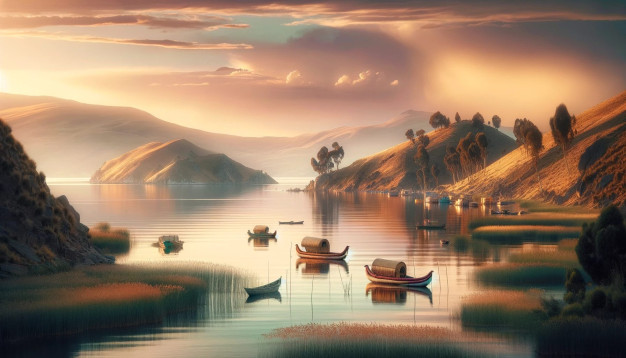 Serene lake at sunset with boats and hills