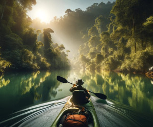 Person kayaking in serene forest river at sunrise.