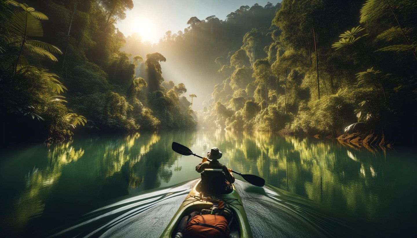 Person kayaking in serene forest river at sunrise.