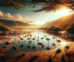 Serene flamingos at sunset in picturesque mountain valley