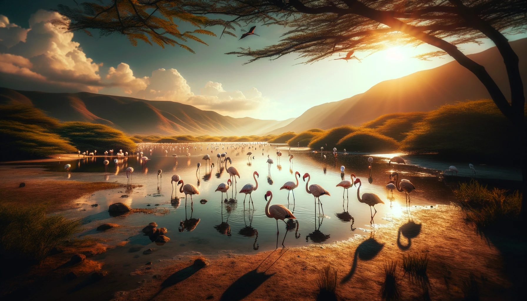 Serene flamingos at sunset in picturesque mountain valley