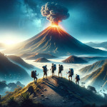 Hikers witnessing volcanic eruption at twilight