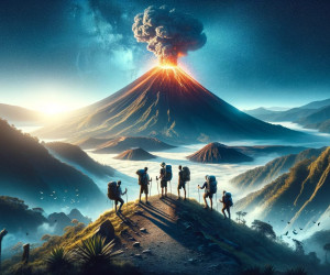 Hikers witnessing volcanic eruption at twilight