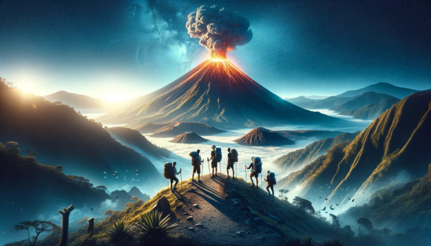 Des randonneurs témoins d'une éruption volcanique au crépuscule