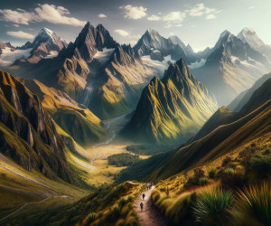 Hikers on trail amid majestic mountain landscape at sunset.