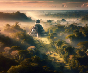 Ancient pyramid amidst misty tropical rainforest at sunrise.