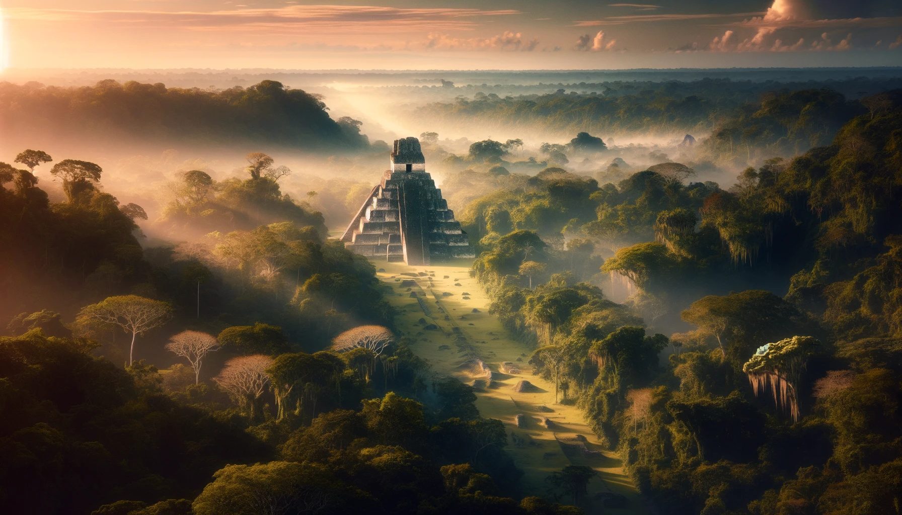 Ancient pyramid amidst misty tropical rainforest at sunrise.