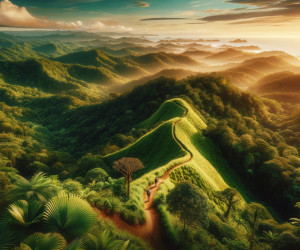 Breathtaking sunrise over lush green mountainous landscape.