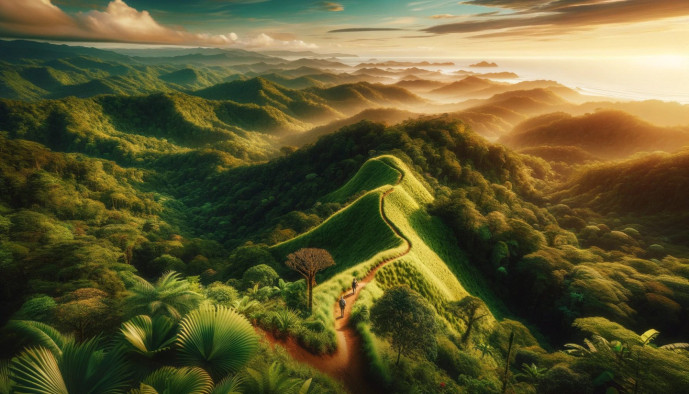 Breathtaking sunrise over lush green mountainous landscape.