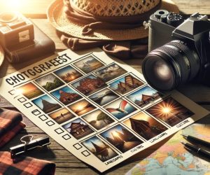 Travel photography concept with camera and destination images.