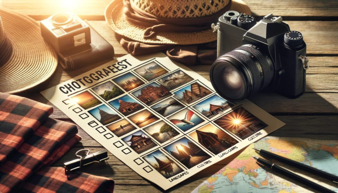 Concept de photographie de voyage avec appareil photo et images de destination.