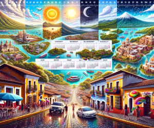 Colorful illustration of a vibrant town and seasonal landscapes.