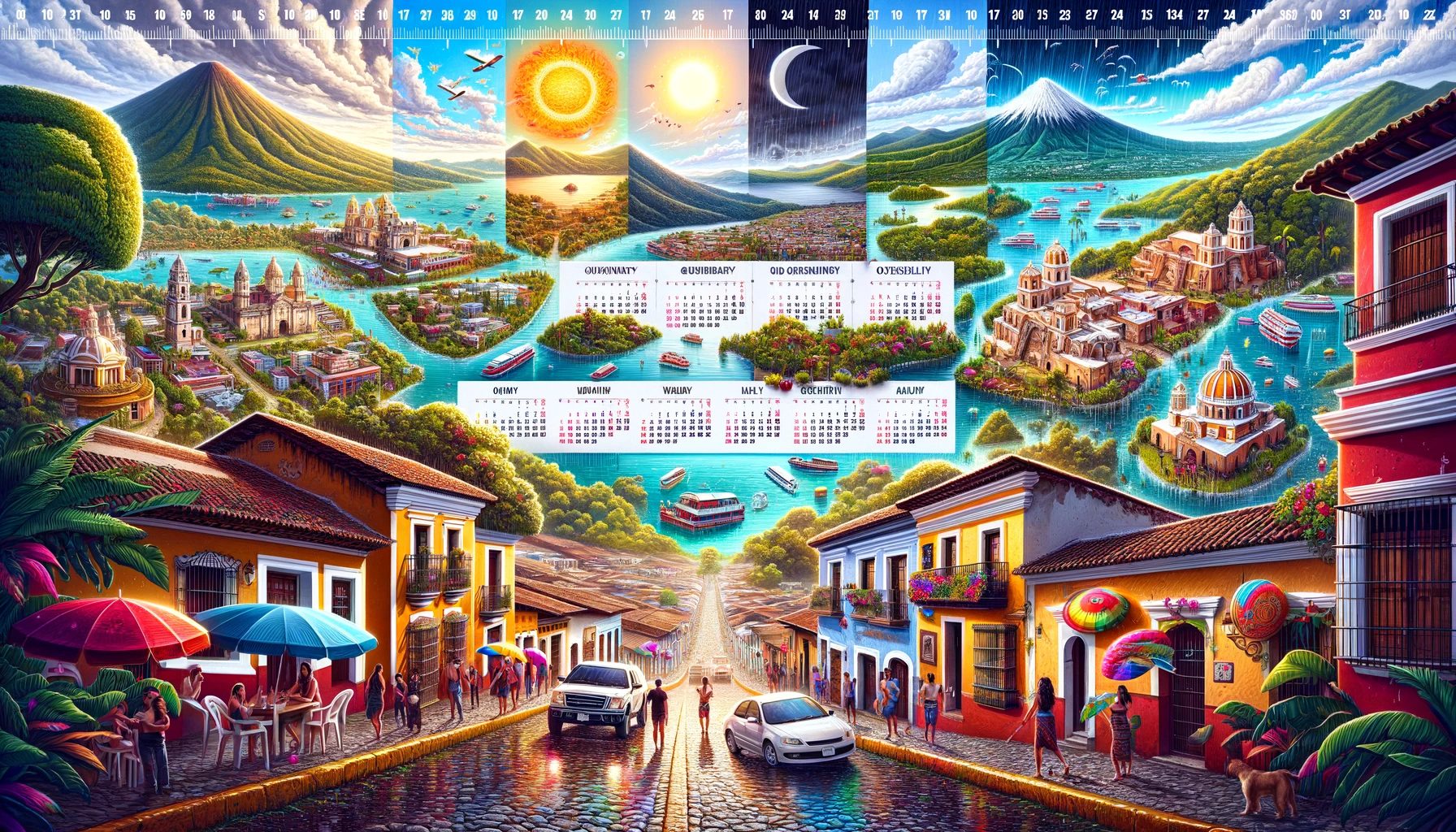 Colorful illustration of a vibrant town and seasonal landscapes.