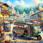 Colorful street scene with vibrant buses and locals.