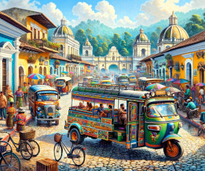 Colorful street scene with vibrant buses and locals.