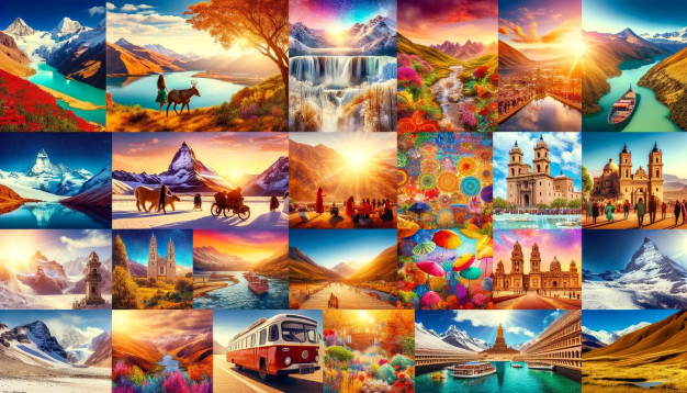 Collage de diverses destinations de voyage pittoresques.