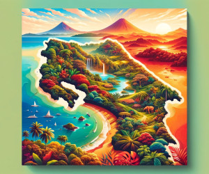 Colorful stylized tropical landscape art with mountains and sunset