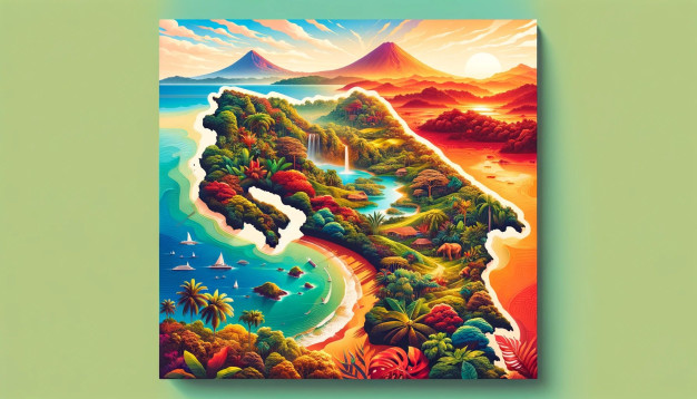 Paysage tropical stylisé et coloré avec montagnes et coucher de soleil