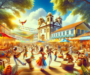 Colorful festival in Brazilian town square with dancing people.