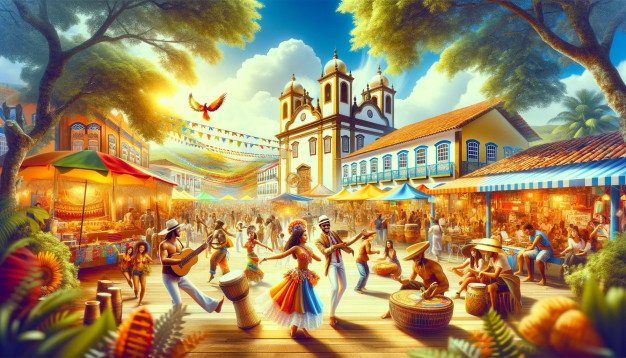 Colorful festival in Brazilian town square with dancing people.