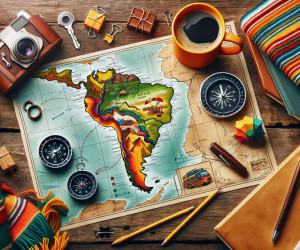 Colorful travel planning setup with map and accessories.