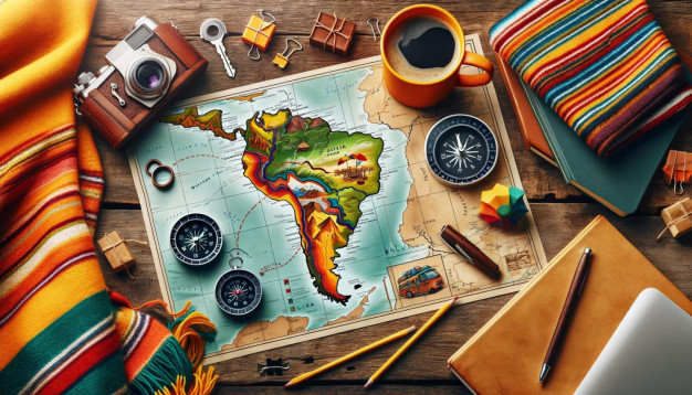 Colorful travel planning setup with map and accessories.