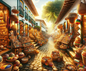 Colorful market street with handicrafts and cobblestone path.