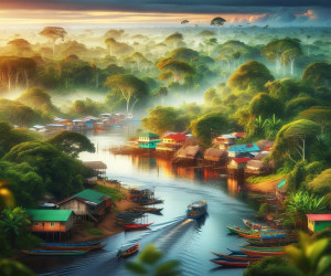 Misty tropical river village at sunrise with boats.