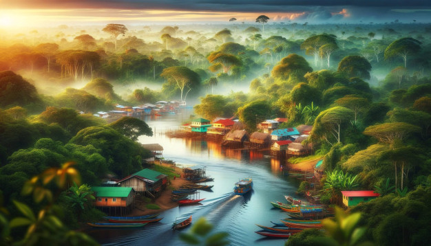 Misty tropical river village at sunrise with boats.