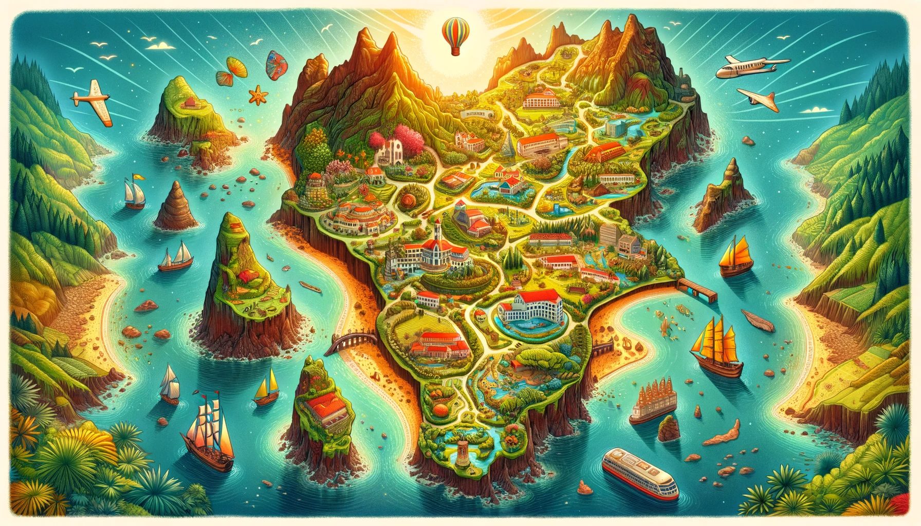 Vibrant, whimsical island illustration with vehicles and landscapes.