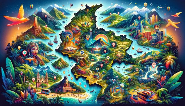 Vibrant, colorful fantasy landscape illustration with various elements.