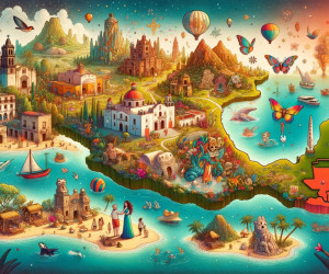 Colorful illustrated map of Mexico with cultural landmarks.