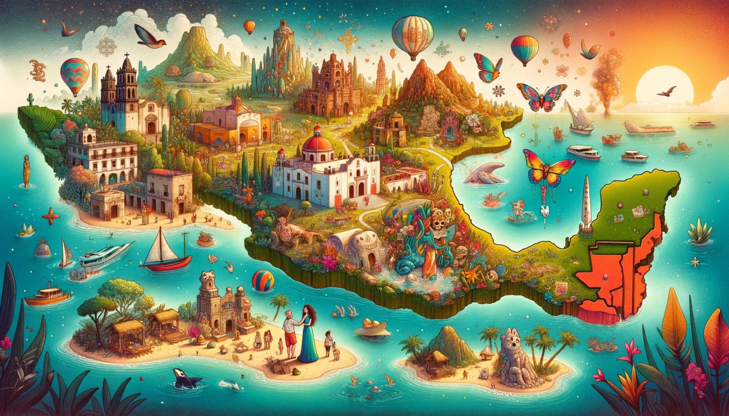 Colorful illustrated map of Mexico with cultural landmarks.