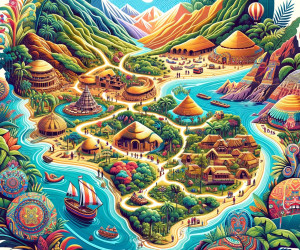 Colorful, detailed fantasy landscape illustration with tropical theme.