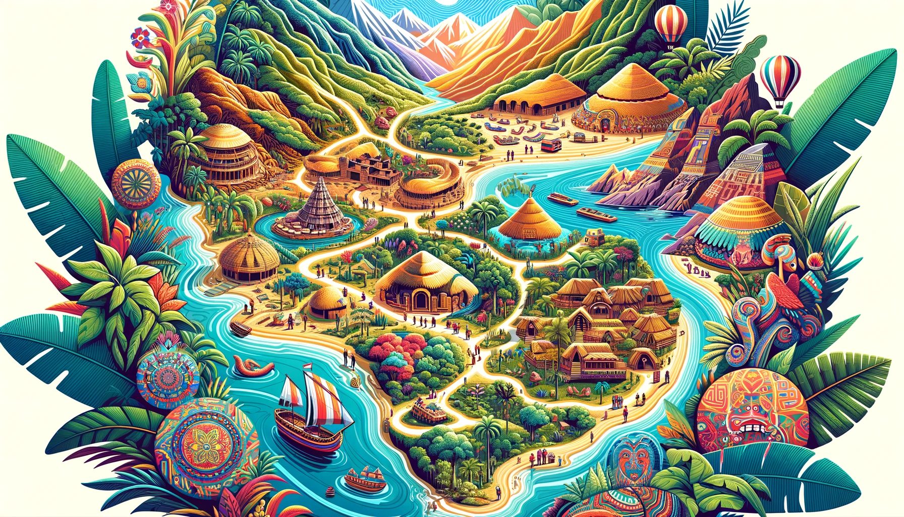 Colorful, detailed fantasy landscape illustration with tropical theme.