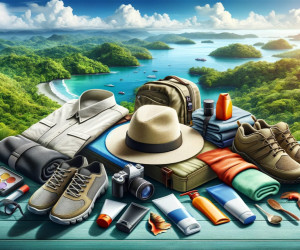 Travel gear with tropical scenery in the background.