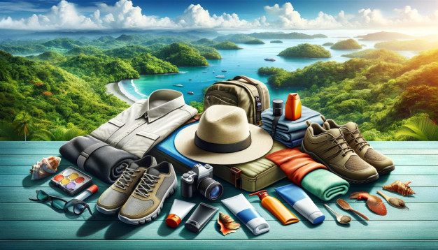 Travel gear with tropical scenery in the background.