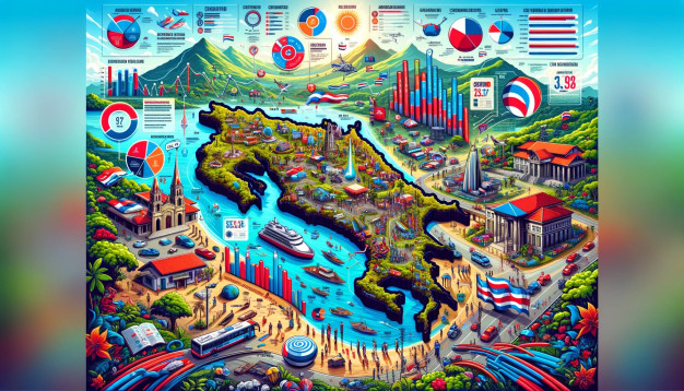 Colorful infographic map with data charts and landscapes.