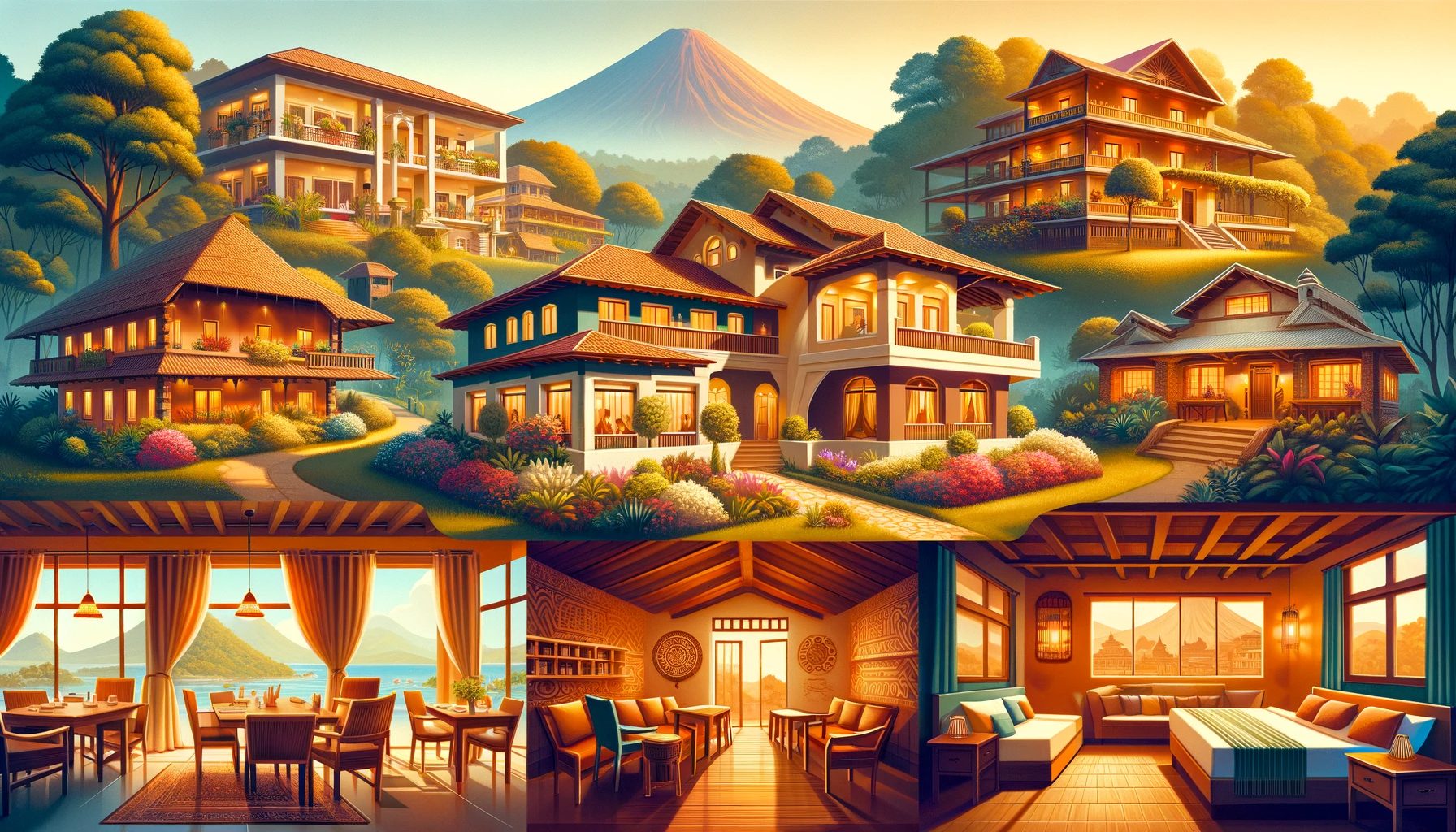 Idyllic hillside homes with interior views and mountain background.