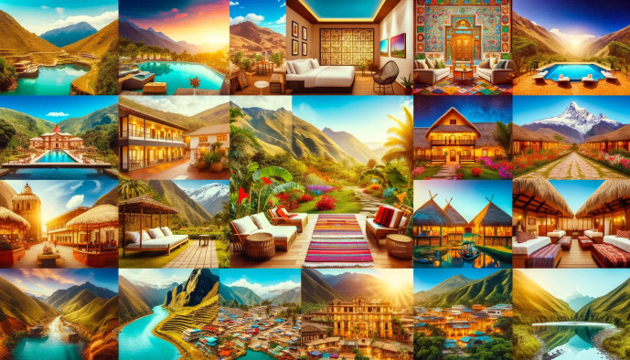 Collage de destinations de voyage pittoresques, montagnes, stations balnéaires et nature.