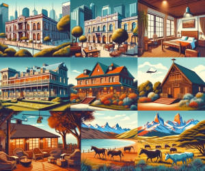 Illustrated diverse landscapes with various buildings and nature scenes.