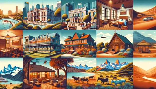 Illustrated diverse landscapes with various buildings and nature scenes.