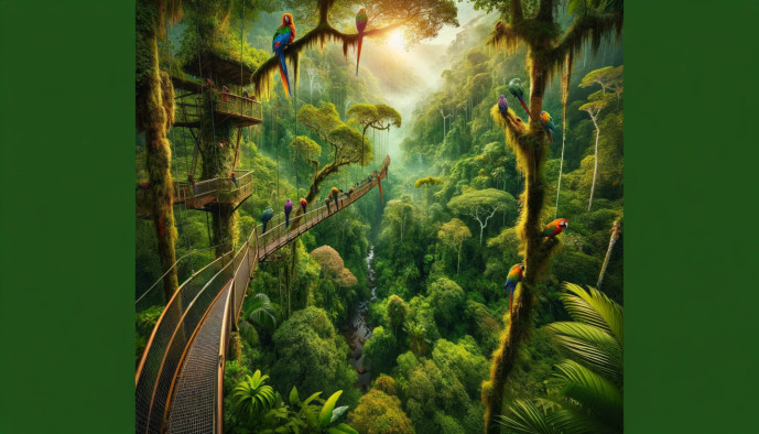 Lush rainforest canopy walkway with vibrant parrots and foliage.
