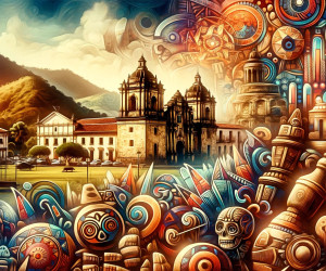 Vibrant abstract art with historical architecture.