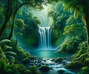 Enchanted tropical forest waterfall scene