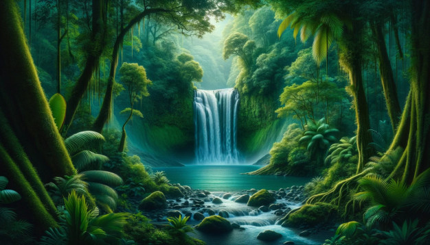 Enchanted tropical forest waterfall scene