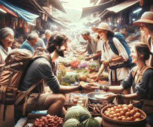Travelers enjoying a vibrant local market scene.