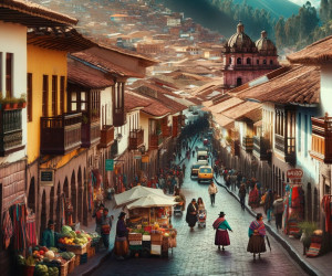 Busy traditional street market in Cusco, Peru.