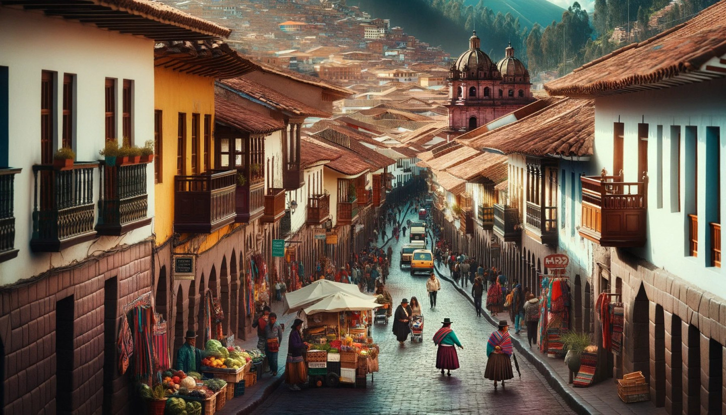 Busy traditional street market in Cusco, Peru.